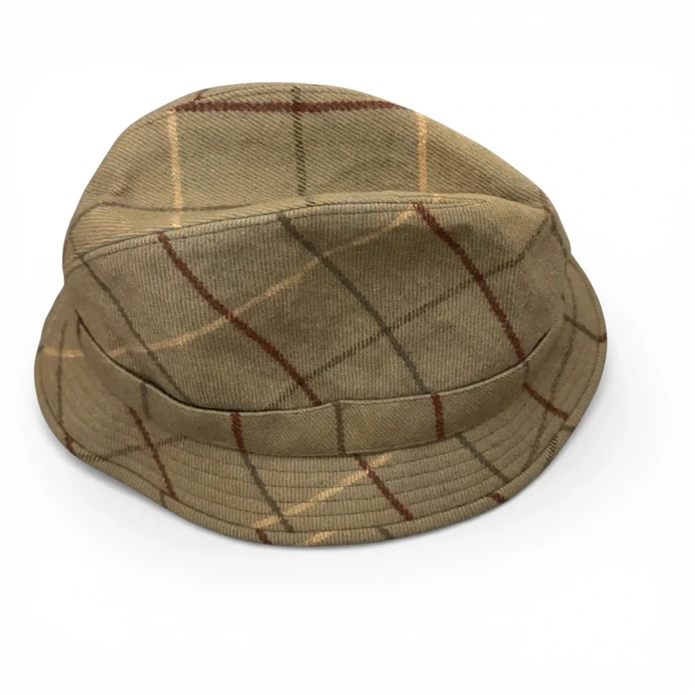 Burberry Vintage Fedora Hat Tan Plaid Windowpane Wool Multicolor Buckle 7 3/8 - Picture 5 of 13